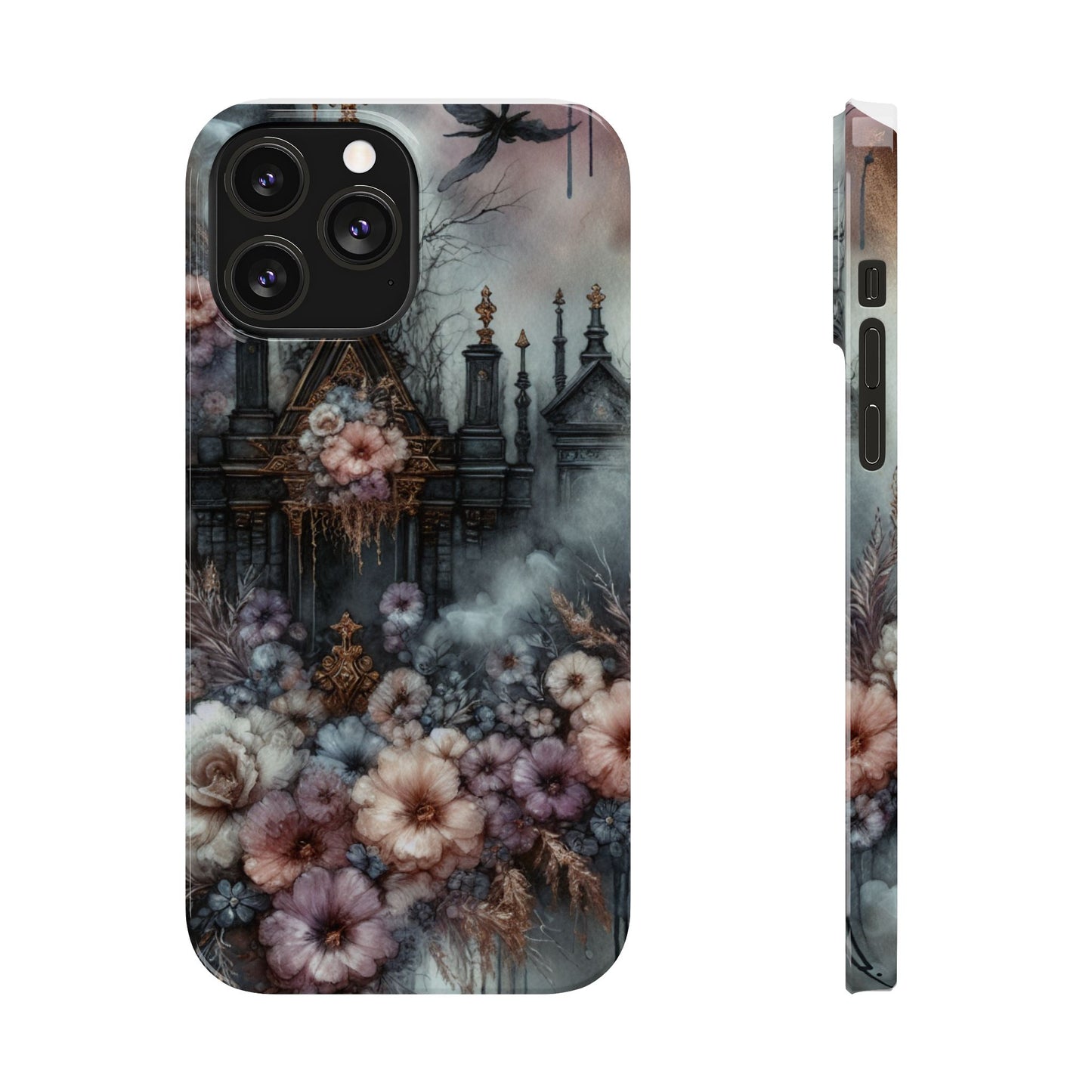 Gothic Floral Slim Phone Case, Dark Fantasy Phone Cover, Unique Flower Design, Phone Accessory for Halloween, Gift for Her