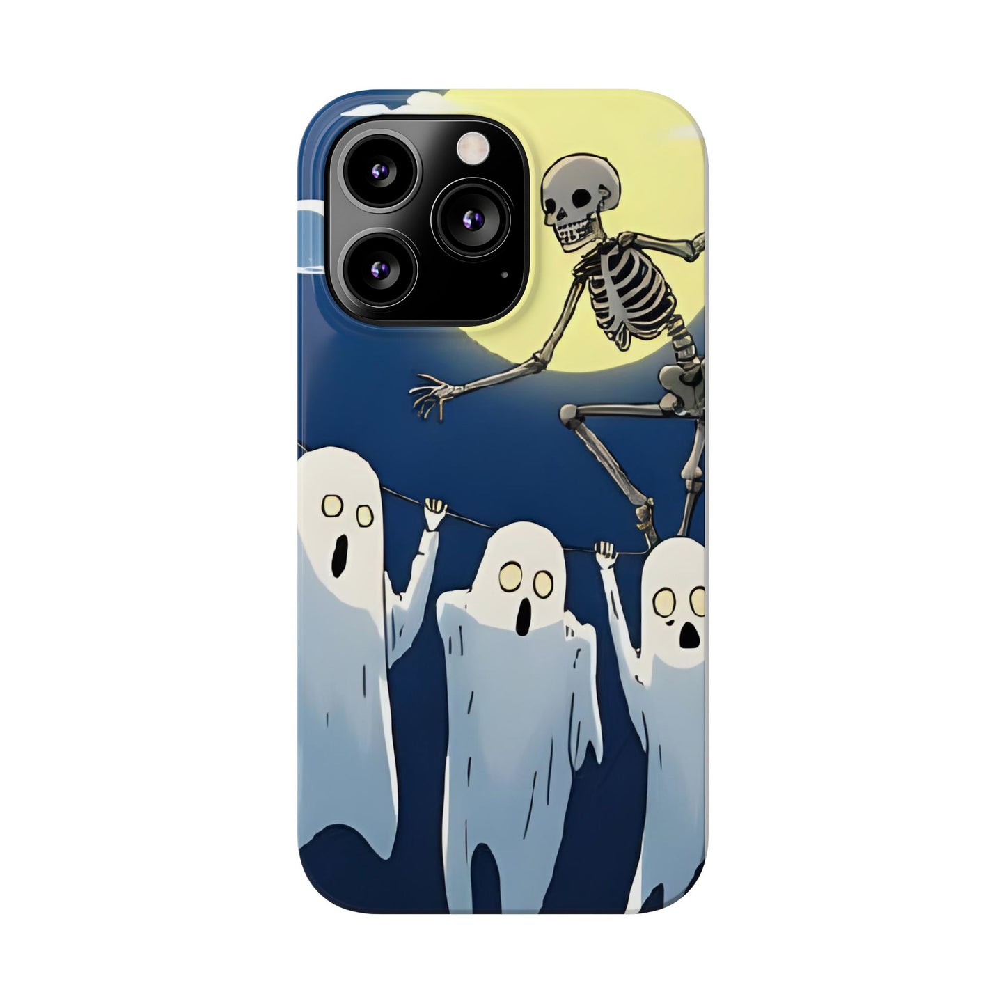Jumping Skeleton Slim Phone Case - Halloween Aesthetic, Creepy Cute Ghost Cartoon Style, Compatible with iPhone, Galaxy, and Google Phones