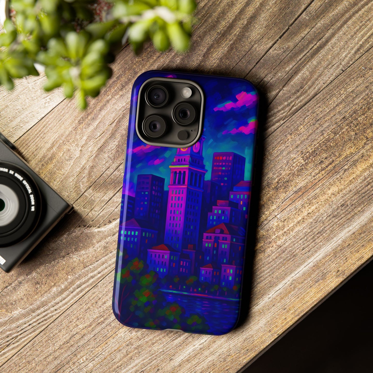 Boston Cityscape Tough Phone Case, Neon Night Skyline, Sunset Tower View Watercolor Urban Art, Compatible with iPhone, Galaxy, Google Phones