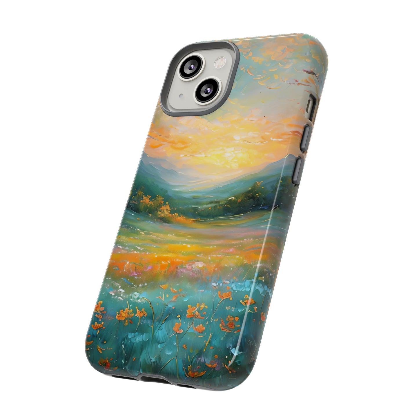 Wildflower Meadow Scenery Tough Phone Case, Oil Painting, Mountain Sunrise Compatible with iPhone 17, 16, 15, 14, 13, Galaxy, Google