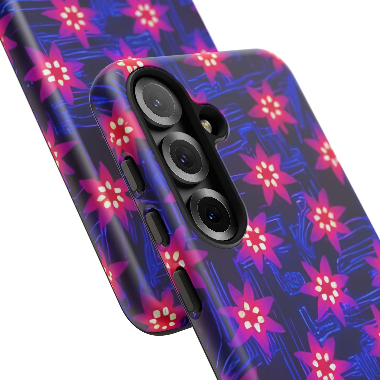 Neon Flower Tough Phone Case - Trippy Dark Floral Art, Electric Glow Aesthetic, Compatible with iPhone, Galaxy, and Google Phones