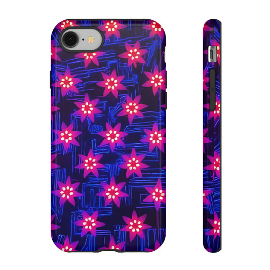 Neon Flower Tough Phone Case - Trippy Dark Floral Art, Electric Glow Aesthetic, Compatible with iPhone, Galaxy, and Google Phones