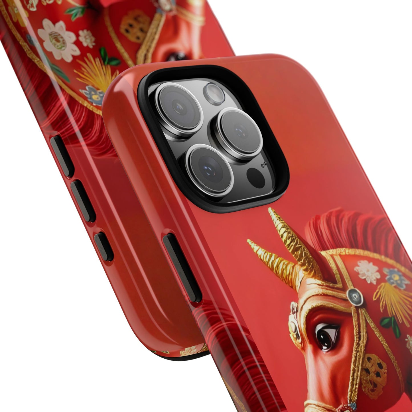 Year of the Horse Floral Art Tough Phone Case, Chinese Zodiac 2026 Design, compatible with iPhone 17 16 15 14 13 Galaxy Google