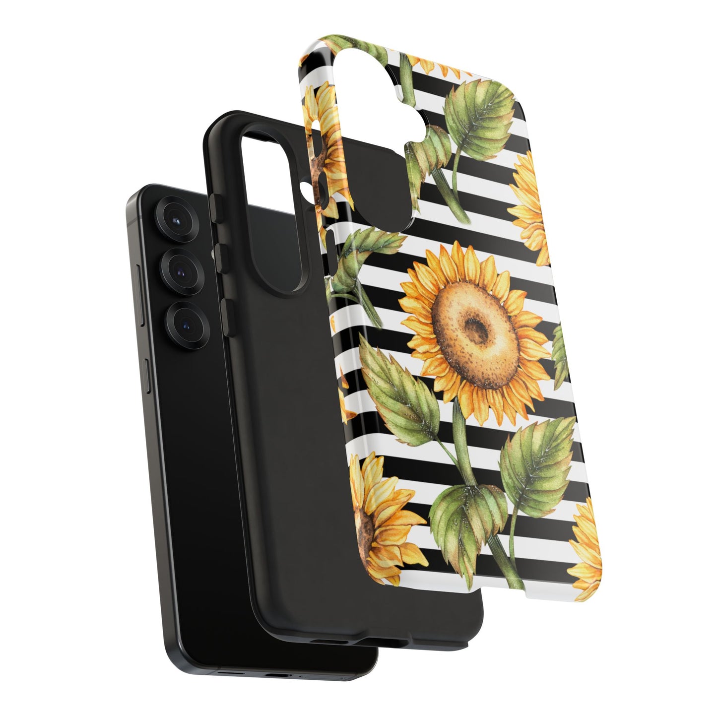 Sunflower Tough Phone Case - Bold Yellow Floral Art, Black and White Striped Aesthetic, Compatible with iPhone, Galaxy, and Google Phones