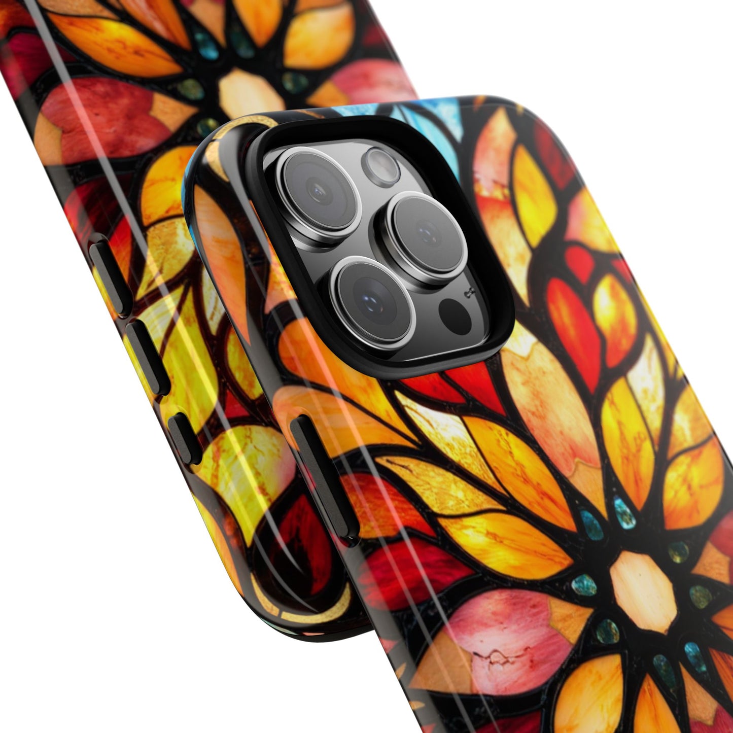 Stained Glass Mandala Phone Case Boho Floral Design compatible with iPhone 16 Pro Max Plus 15 14 13 12 11 X Samsung, Pixel- Protective Cover
