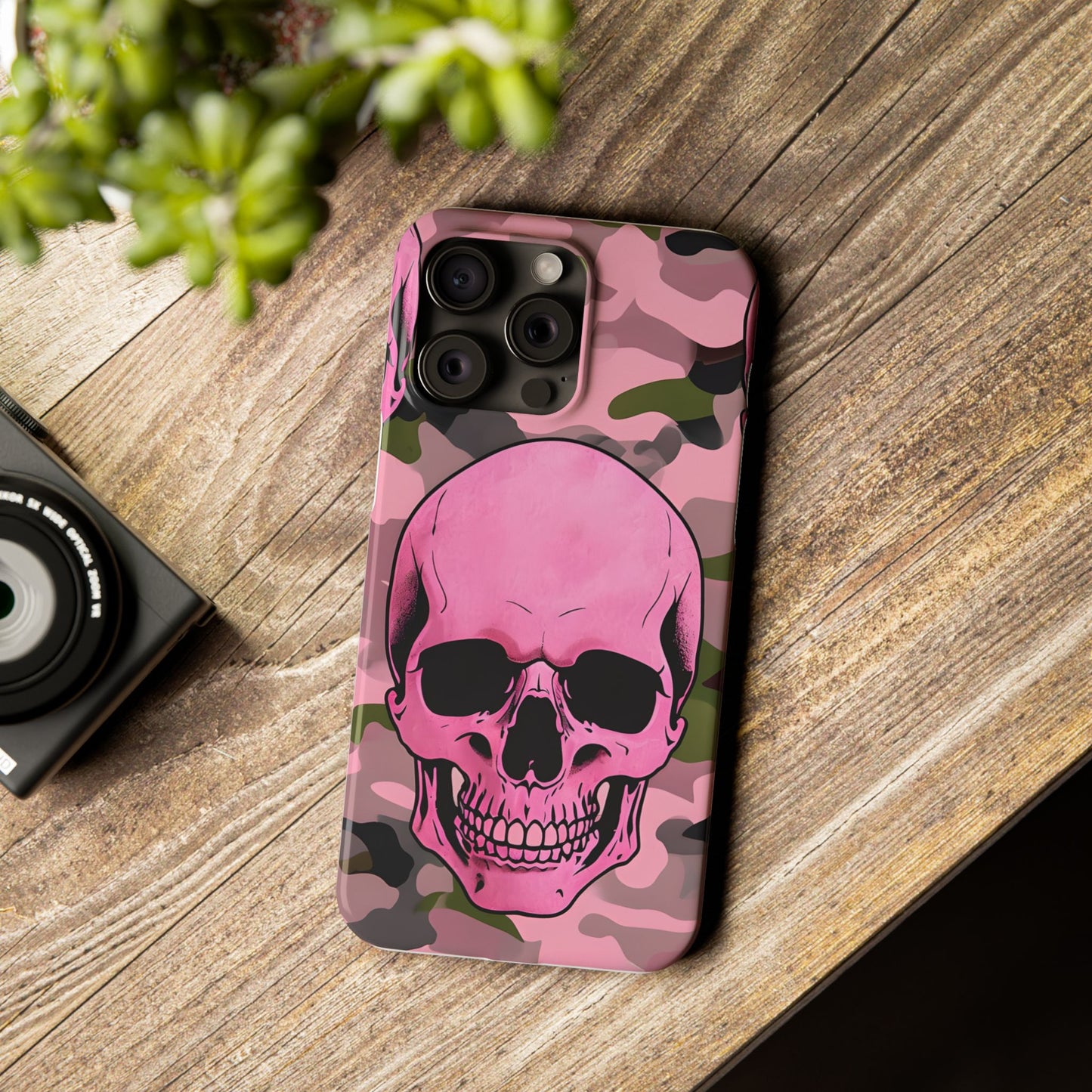 Pink Camo Skull Phone Case, Slim Case for iPhone, Edgy Phone Accessory, Unique Gift for Her, Trendy Tech Lover