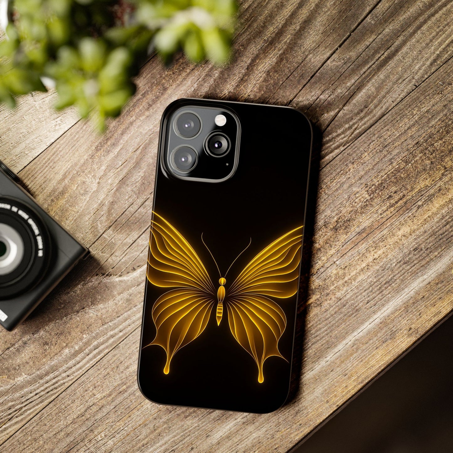 Golden Butterfly Phone Case, Elegant Insect Art, Black Aesthetic Slim Phone Case Compatible with iPhone, Galaxy, Google