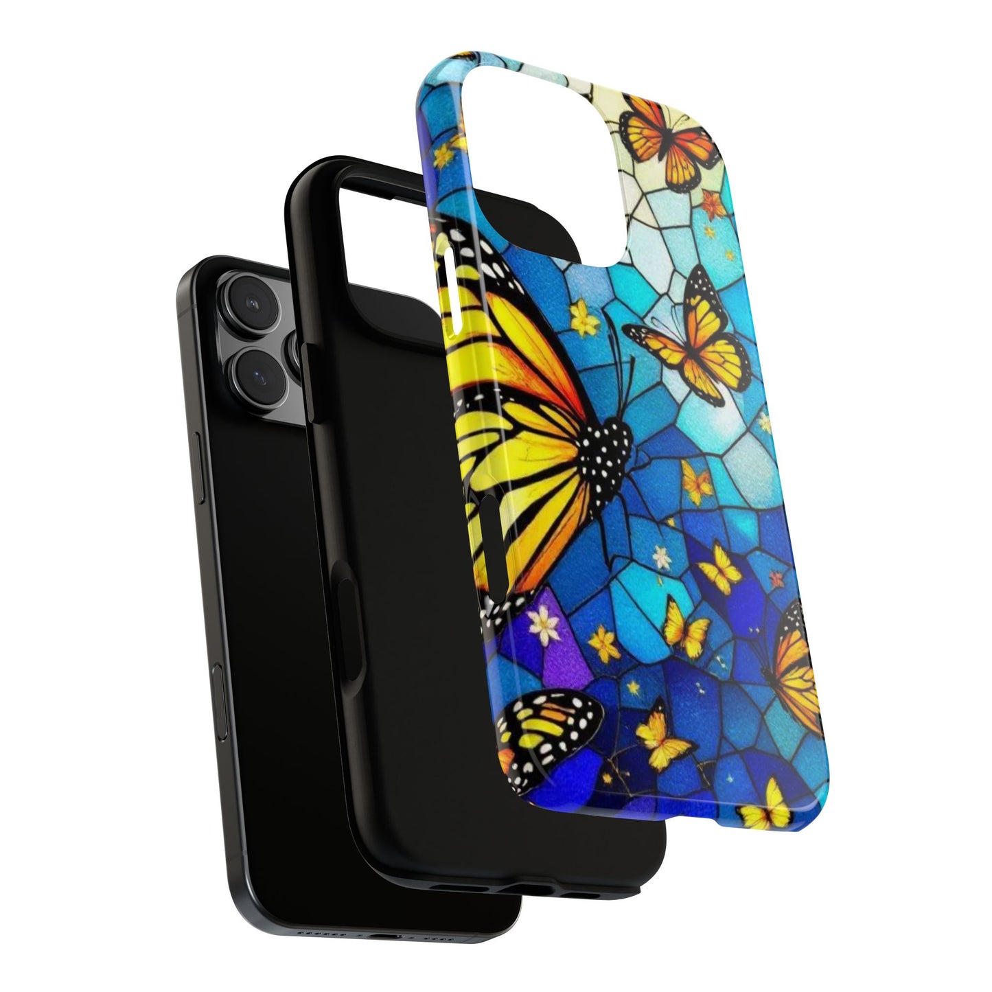 Boho Butterfly Phone Case compatible with iPhone 16 15 14 13 12 11 Pro Max Samsung Pixel Vibrant Blue Stained Glass Monarch Art Gift for Her