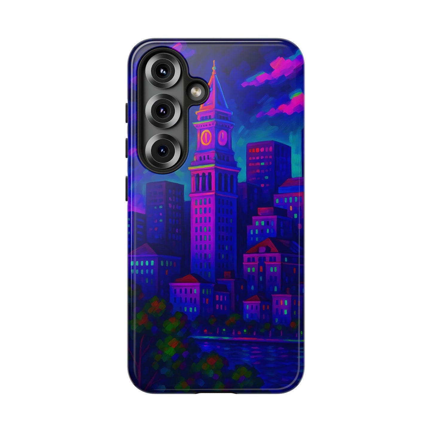 Boston Cityscape Tough Phone Case, Neon Night Skyline, Sunset Tower View Watercolor Urban Art, Compatible with iPhone, Galaxy, Google Phones