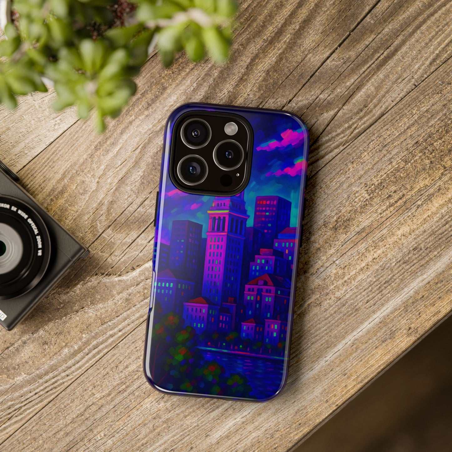 Boston Cityscape Tough Phone Case, Neon Night Skyline, Sunset Tower View Watercolor Urban Art, Compatible with iPhone, Galaxy, Google Phones