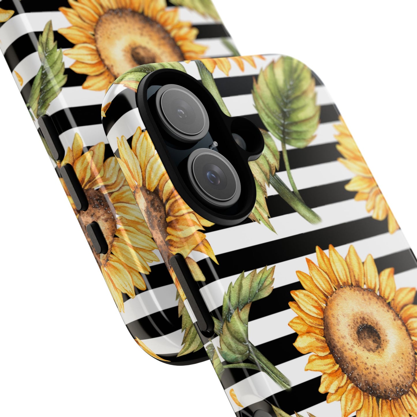 Sunflower Tough Phone Case - Bold Yellow Floral Art, Black and White Striped Aesthetic, Compatible with iPhone, Galaxy, and Google Phones