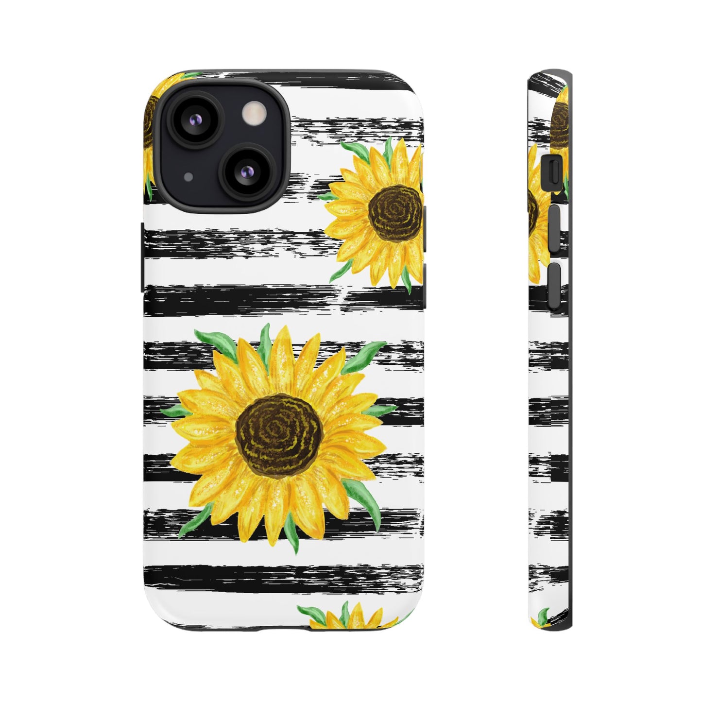 Sunflower Tough Phone Case - Bright Yellow Floral Art, Black and White Striped Aesthetic, Compatible with iPhone, Galaxy, and Google Phones