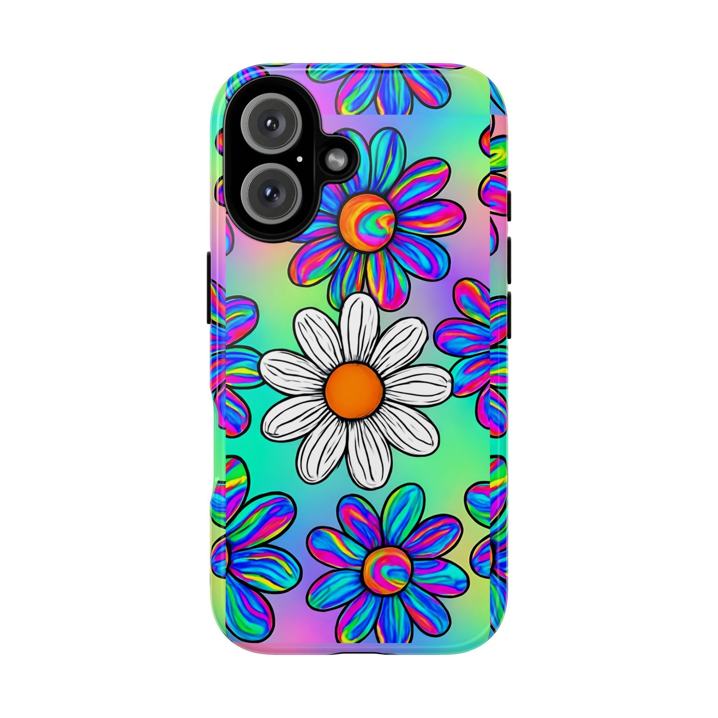 Trippy Daisy Tough Phone Case - Psychedelic Floral Design, Colorful Retro Aesthetic, Compatible with iPhone, Galaxy, and Google Phones