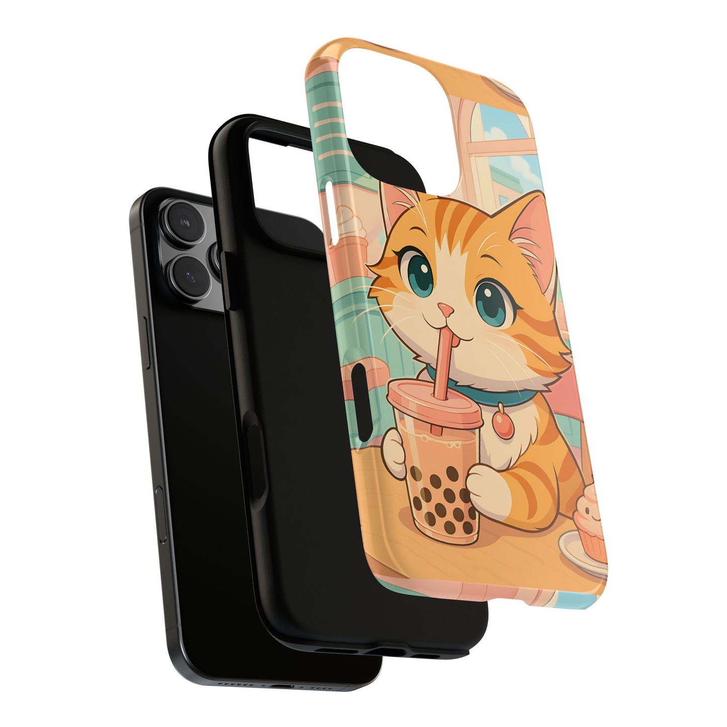 Boba Cat Tough Phone Case - Kawaii Bubble Tea Anime Kitty, Pastel Cafe Aesthetic Gift, Compatible with iPhone, Galaxy, and Google Phones