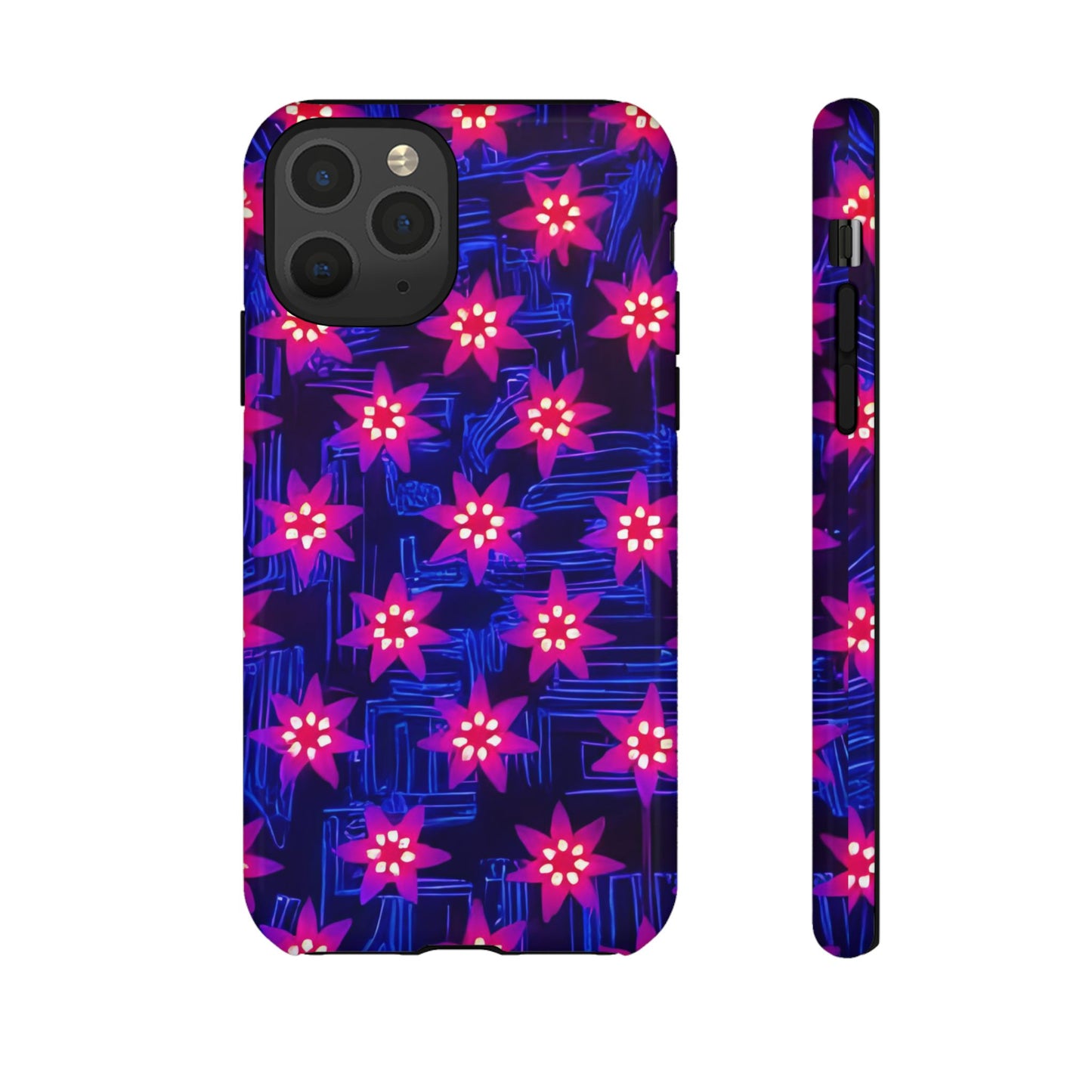 Neon Flower Tough Phone Case - Trippy Dark Floral Art, Electric Glow Aesthetic, Compatible with iPhone, Galaxy, and Google Phones