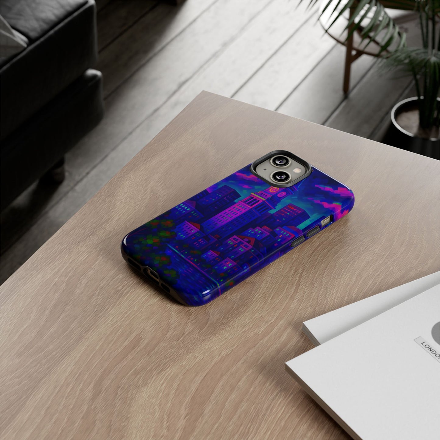 Boston Cityscape Tough Phone Case, Neon Night Skyline, Sunset Tower View Watercolor Urban Art, Compatible with iPhone, Galaxy, Google Phones