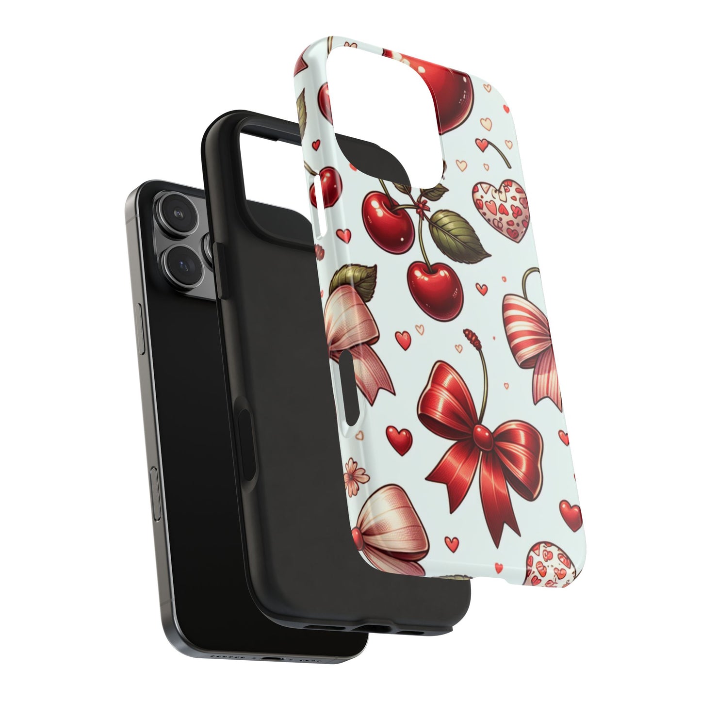 Cherry Bow Aesthetic Phone Case, Cute Kawaii Hearts Red Bows Print Design, Durable Tough and Stylish Trendy Cover for iPhone, Samsung Galaxy