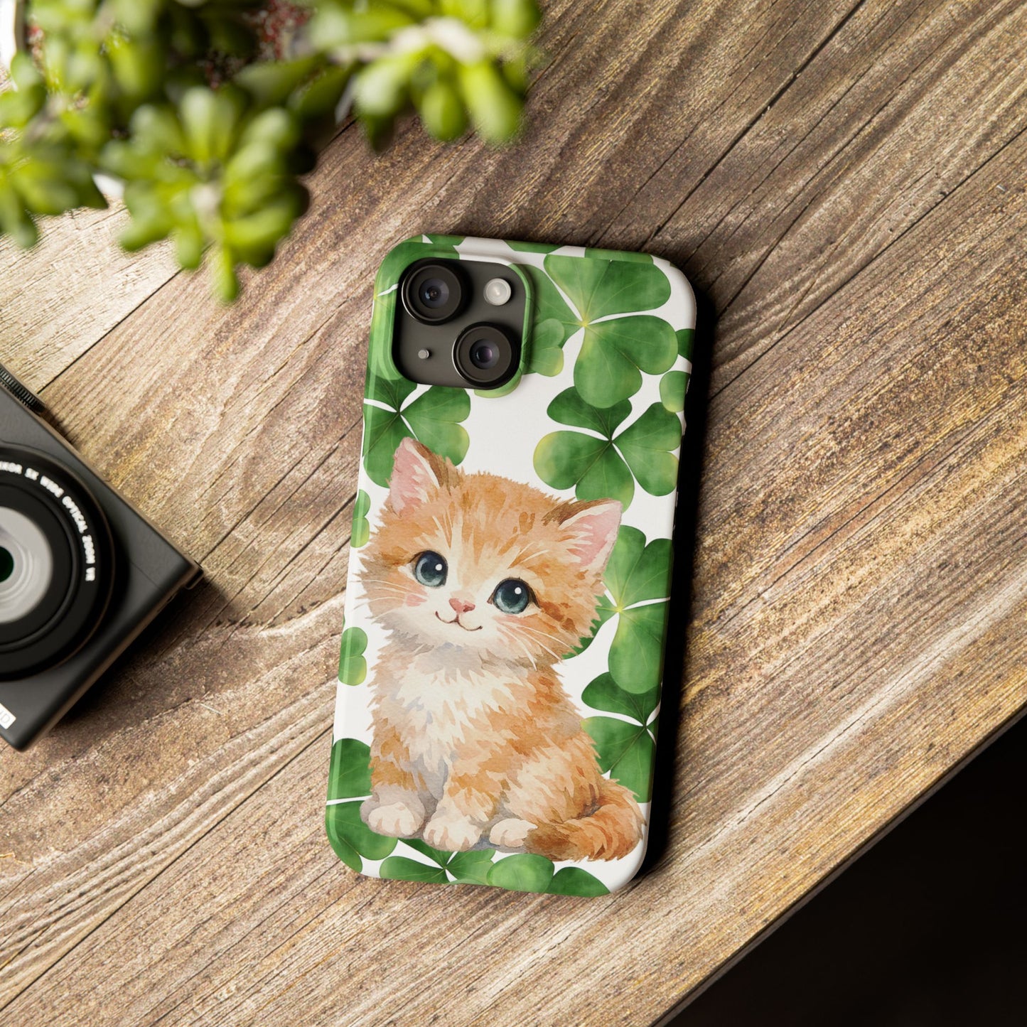Ginger Kitten Slim Phone Case, St Patricks Day Cat Art with Shamrocks, Irish Cat Gift Compatible with iPhone 17, 16, 15, 14, 13, 12, 11