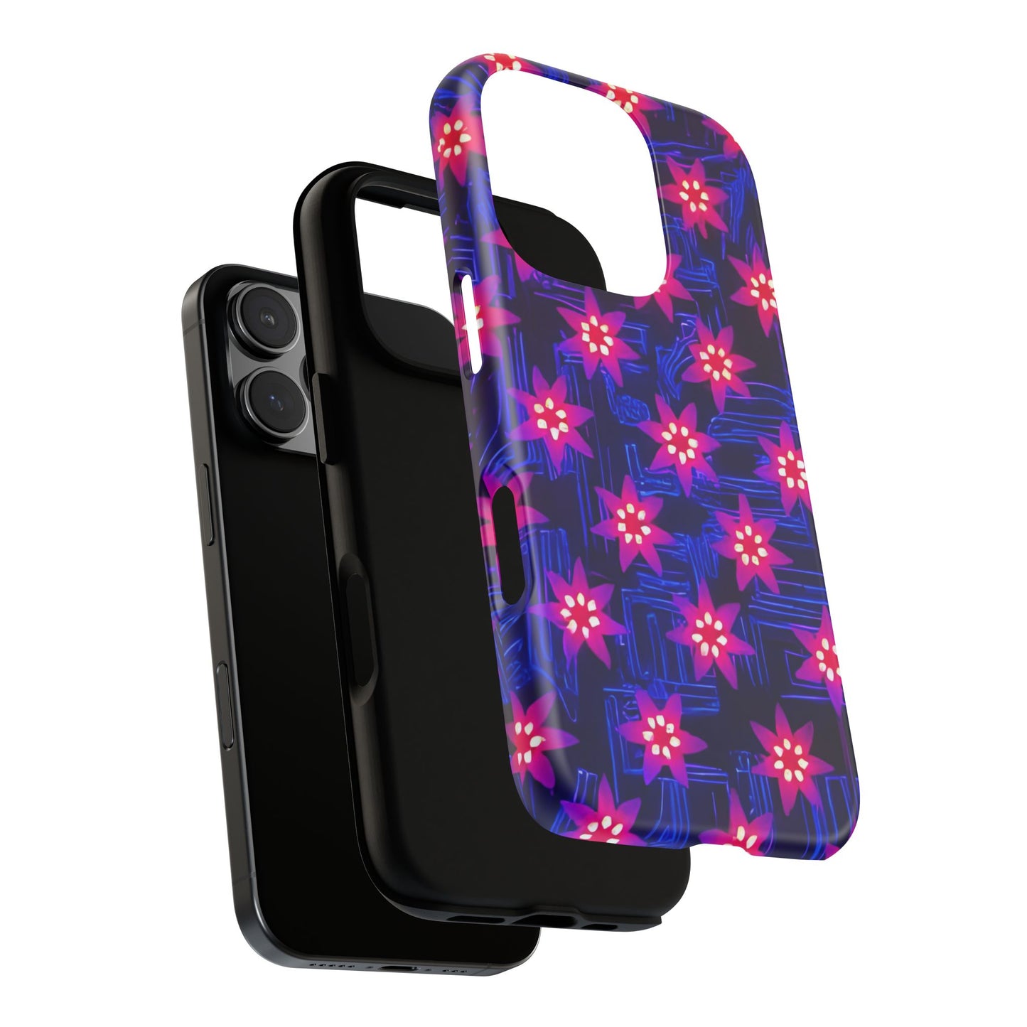 Neon Flower Tough Phone Case - Trippy Dark Floral Art, Electric Glow Aesthetic, Compatible with iPhone, Galaxy, and Google Phones