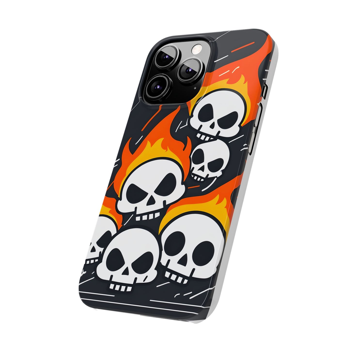 Flaming Skulls Slim Phone Case, Y2K Alt Halloween Aesthetic, Creepy Cute Cartoon Style, Stylish Music Lovers, Perfect Gift for Halloween