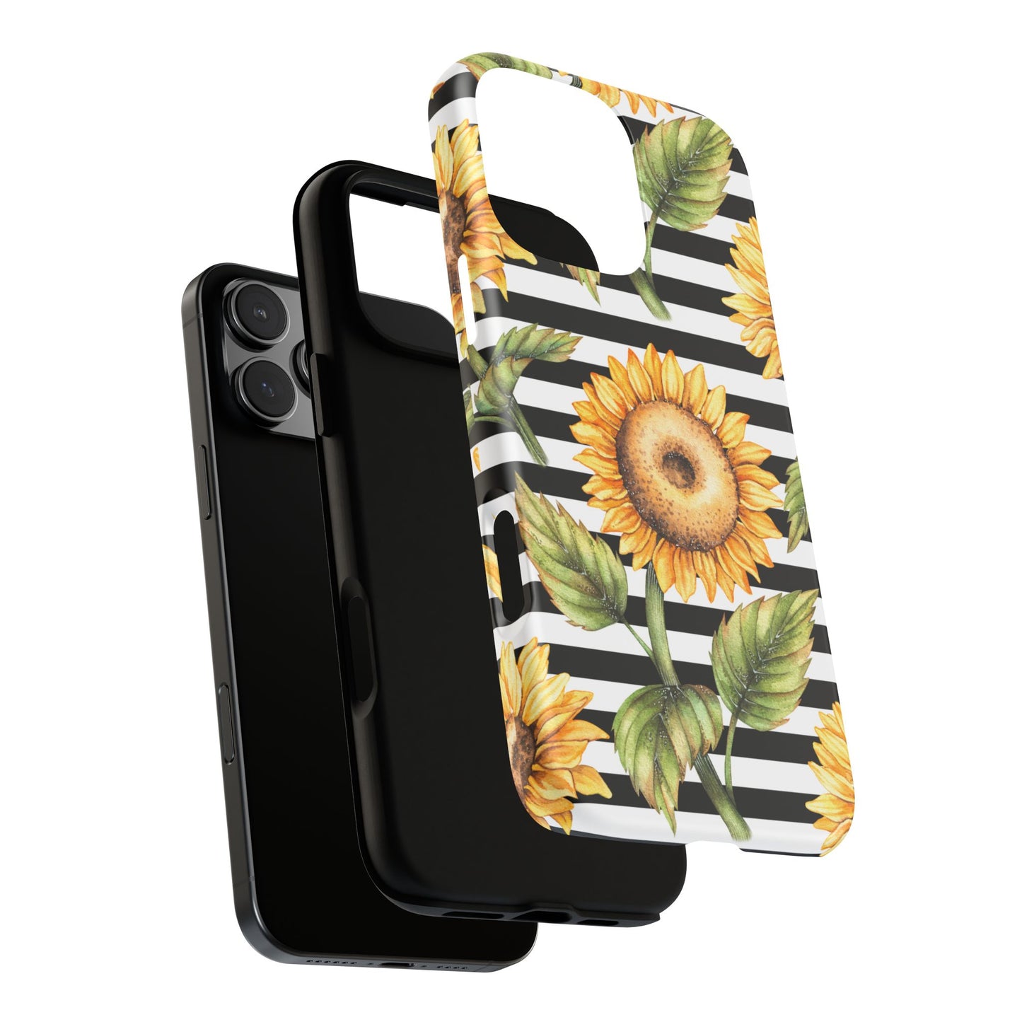 Sunflower Tough Phone Case - Bold Yellow Floral Art, Black and White Striped Aesthetic, Compatible with iPhone, Galaxy, and Google Phones