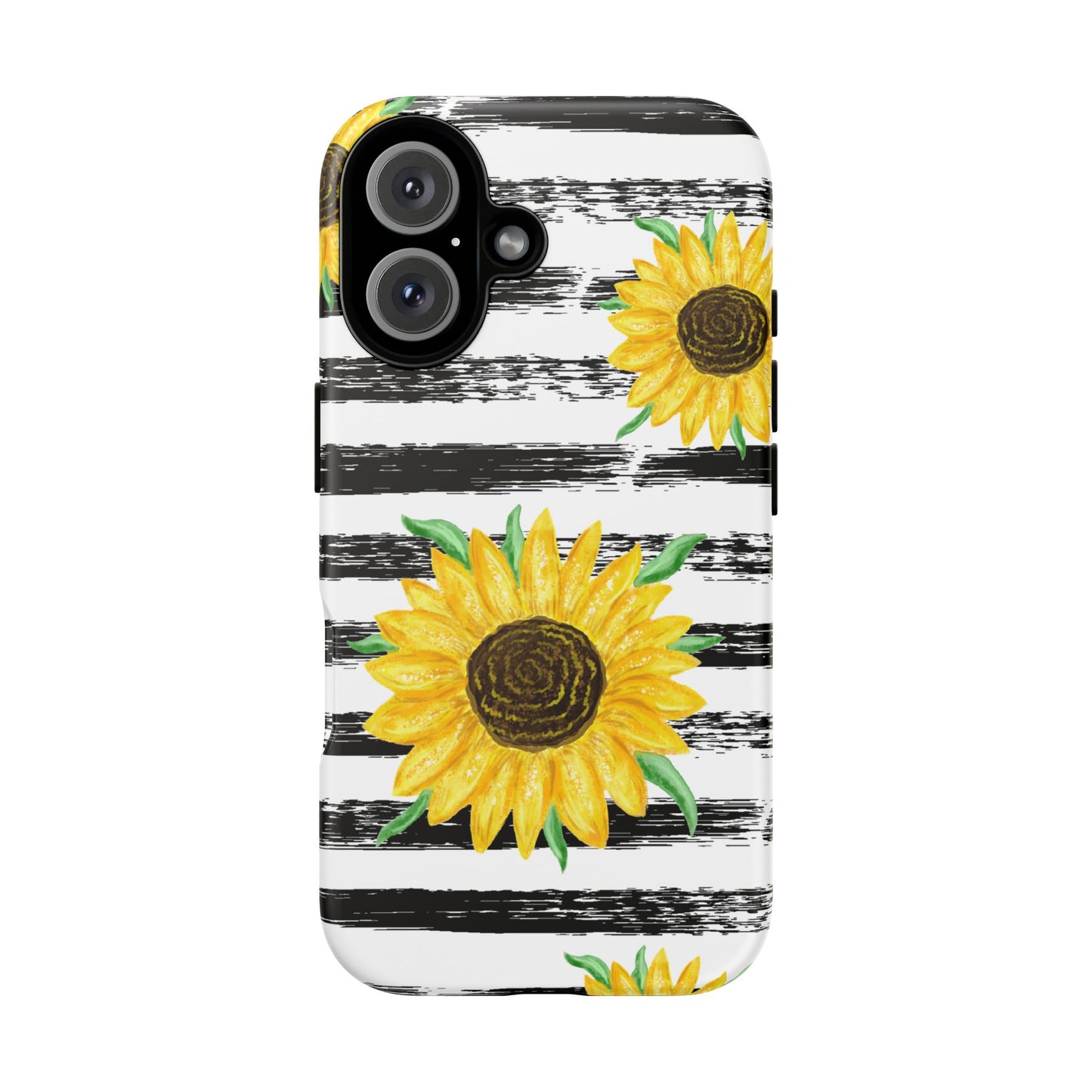 Sunflower Tough Phone Case - Bright Yellow Floral Art, Black and White Striped Aesthetic, Compatible with iPhone, Galaxy, and Google Phones