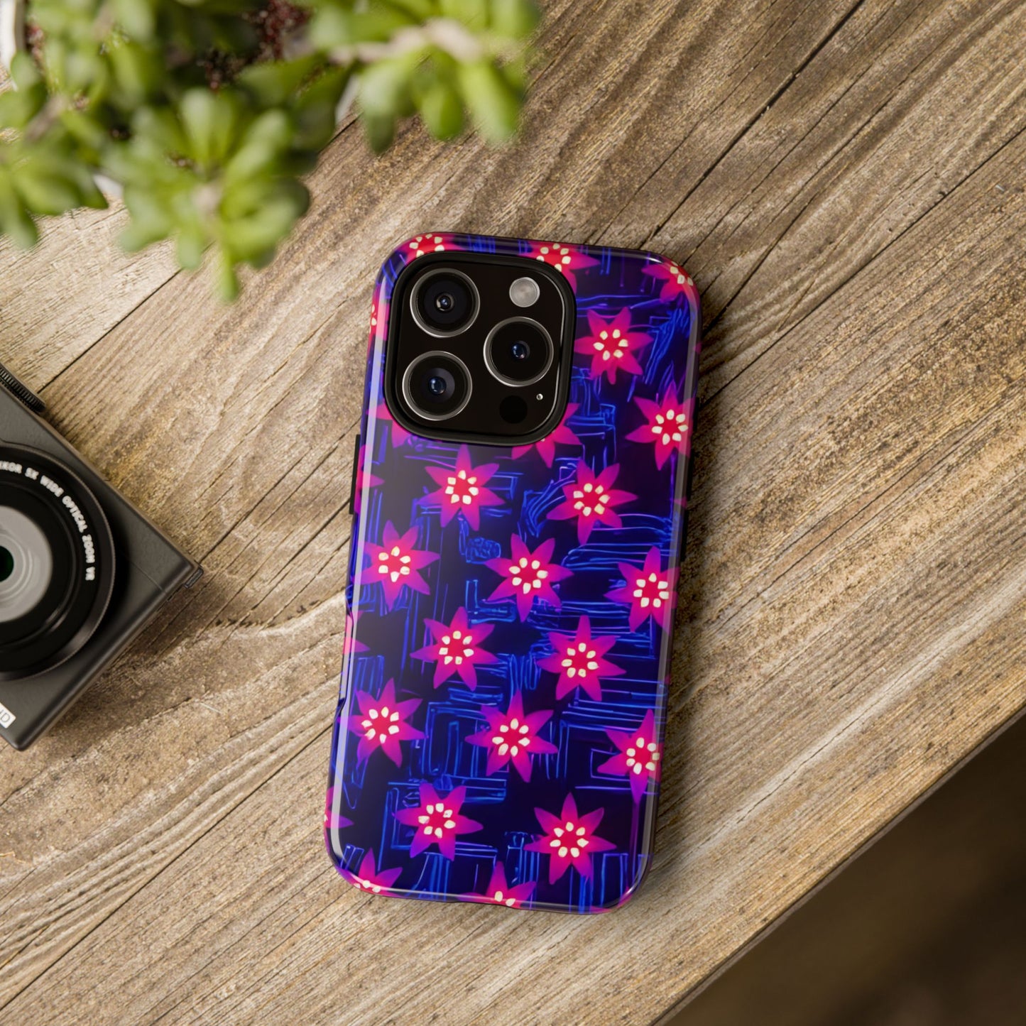 Neon Flower Tough Phone Case - Trippy Dark Floral Art, Electric Glow Aesthetic, Compatible with iPhone, Galaxy, and Google Phones