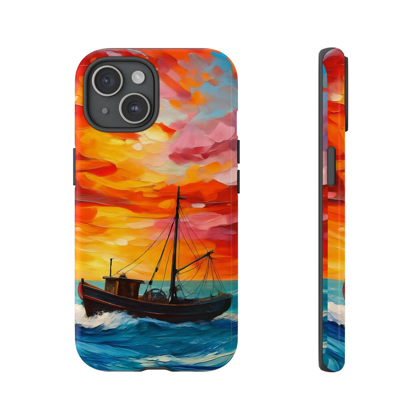 Ocean Art Scenery Tough Phone Case, Oil Painting Style Nautical Sunset Compatible with iPhone 17, 16, 15, 14, 13, Galaxy, Google