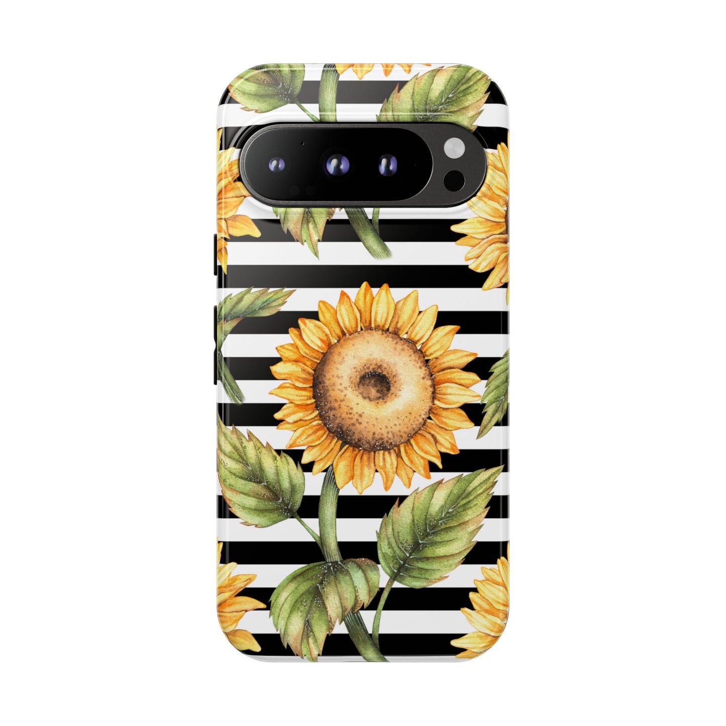 Sunflower Tough Phone Case - Bold Yellow Floral Art, Black and White Striped Aesthetic, Compatible with iPhone, Galaxy, and Google Phones