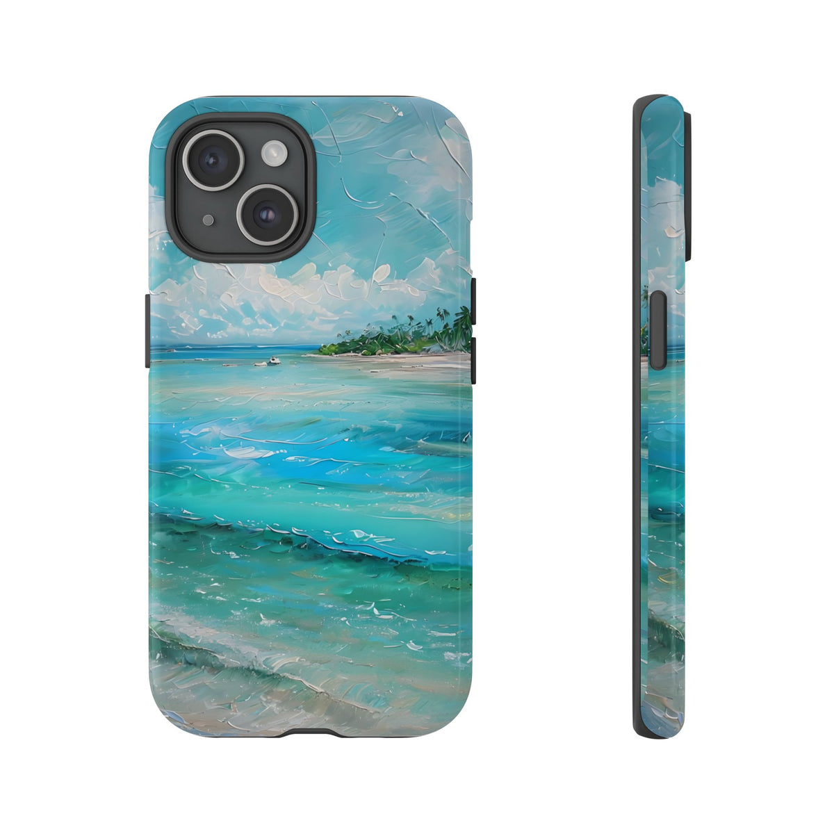 Tropical Beach Scenery Tough Phone Case, Oil Painting Phone Cover, Turquoise Ocean Compatible with iPhone 17, 16, 15, 14, 13, Galaxy, Google