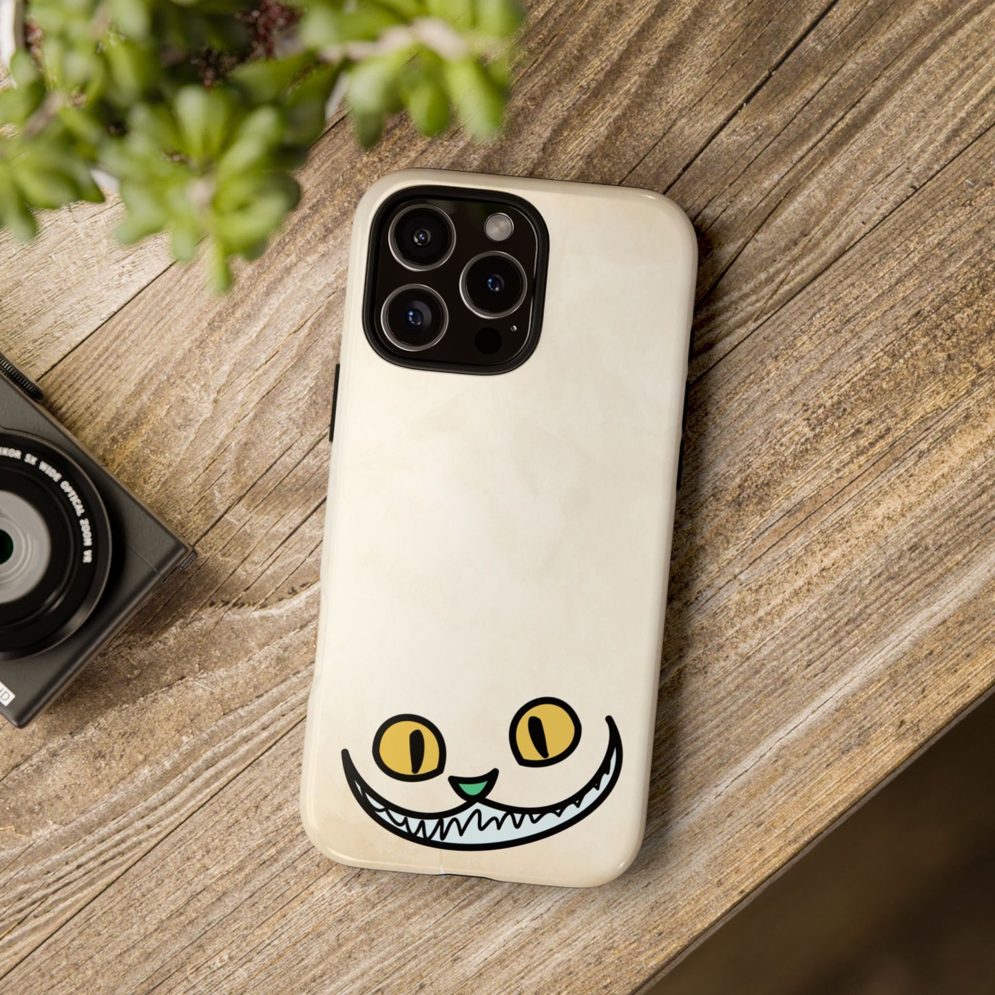 Storybook-style tough phone case with the iconic Wonderland signpost in black and white against a soft beige background. A timeless accessory for those who love fantasy art and durable design.
