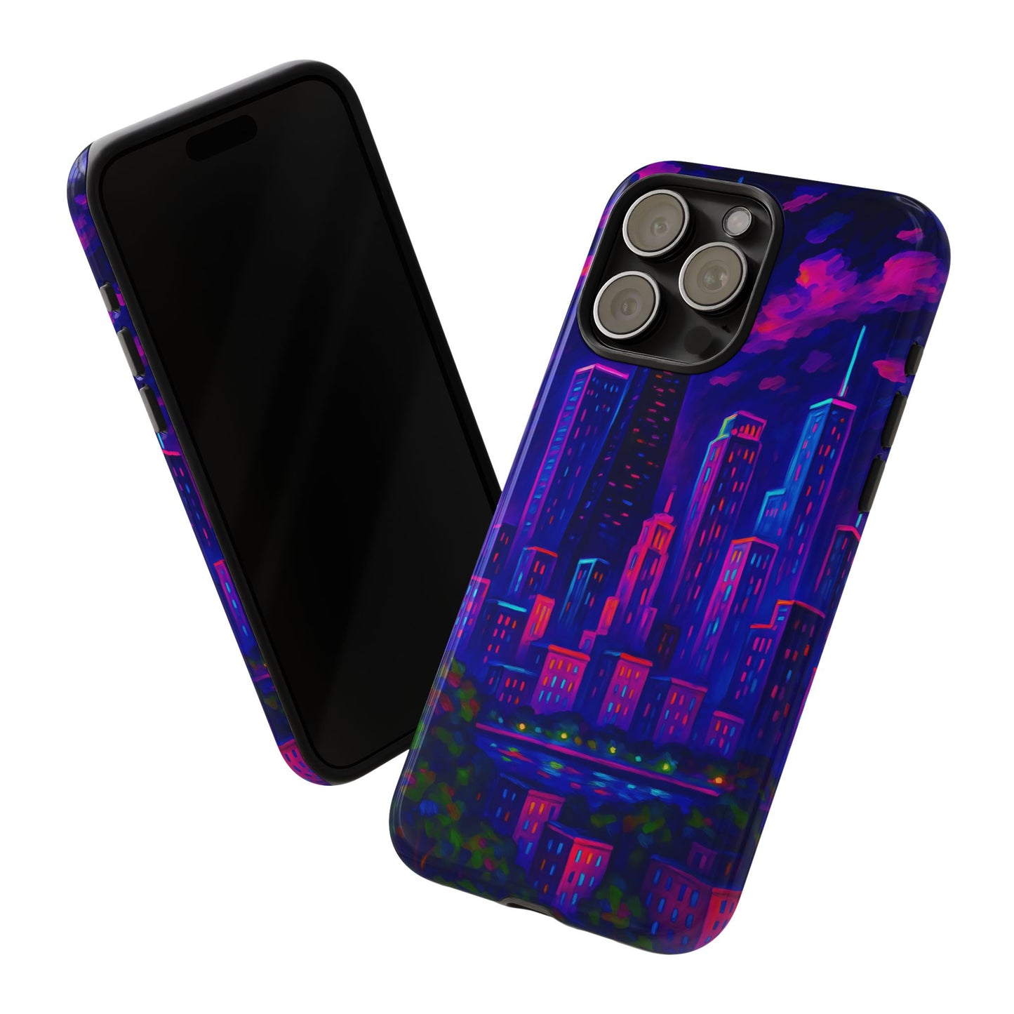 Cityscape Tough Phone Case, Chicago Skyline Phone Cover, Neon Night Design Compatible with iPhone, Galaxy & Google