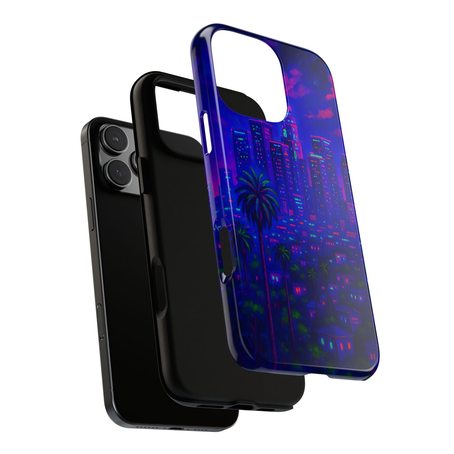 Los Angeles Cityscape Tough Phone Case - Neon Night Skyline, Sunset Urban Art, California Aesthetic, Compatible with iPhone, Galaxy, Google