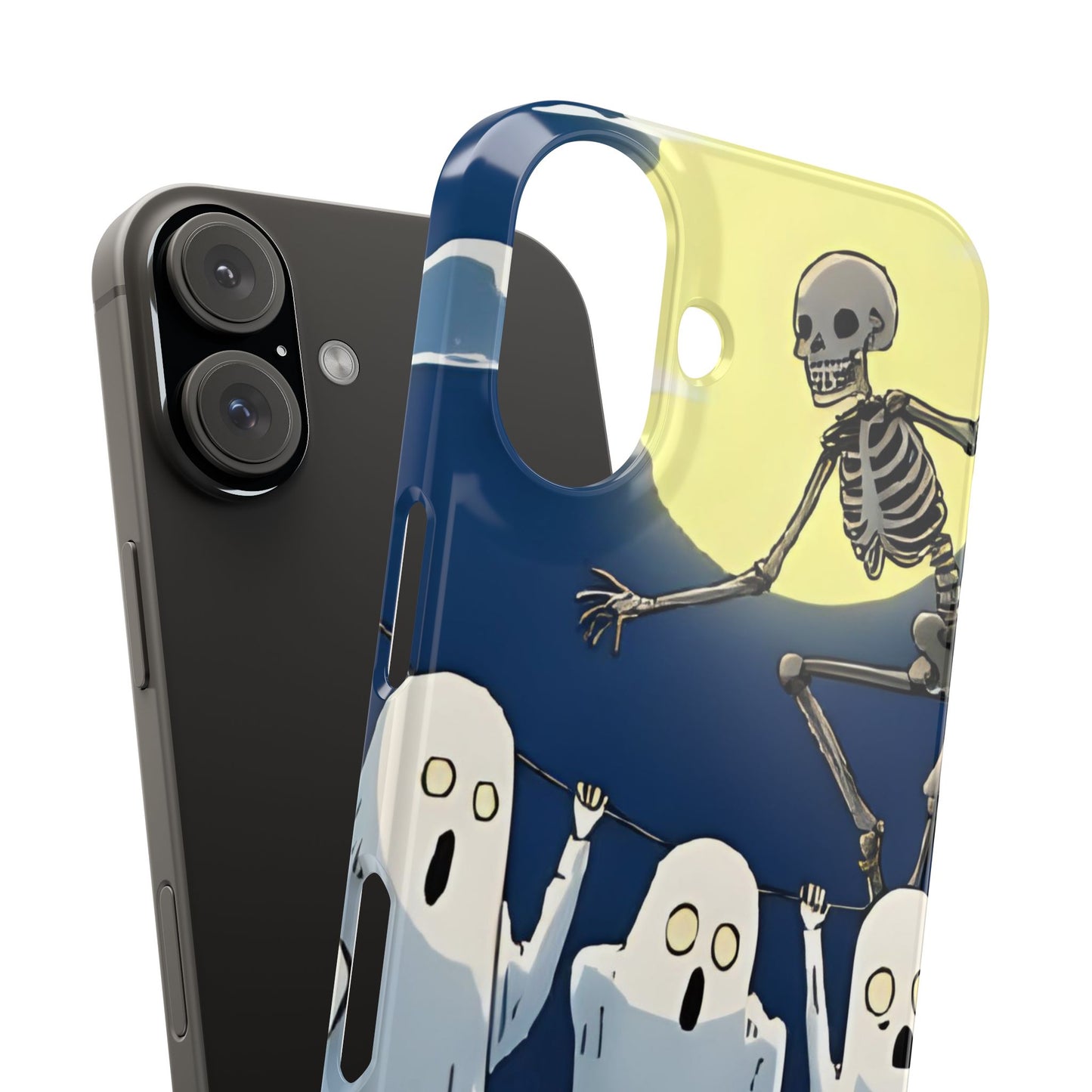 Jumping Skeleton Slim Phone Case - Halloween Aesthetic, Creepy Cute Ghost Cartoon Style, Compatible with iPhone, Galaxy, and Google Phones