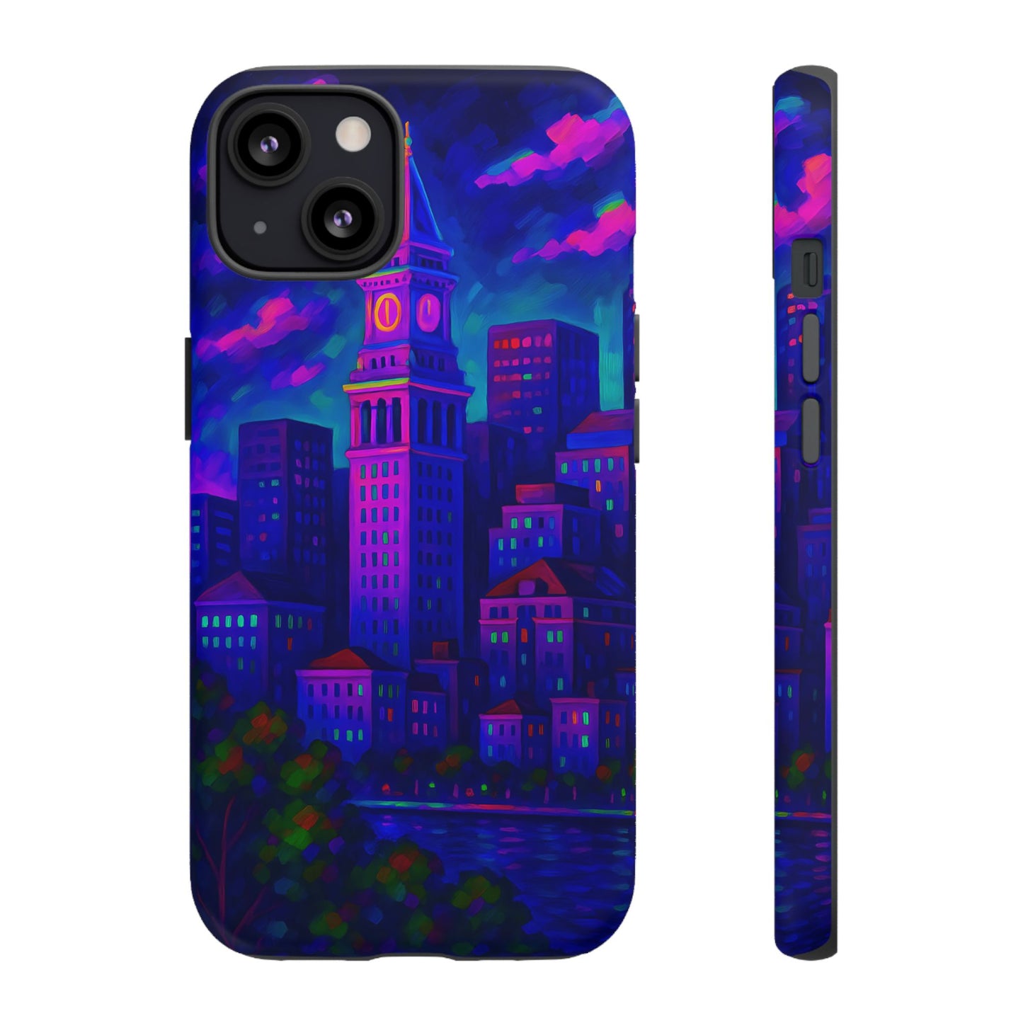 Boston Cityscape Tough Phone Case, Neon Night Skyline, Sunset Tower View Watercolor Urban Art, Compatible with iPhone, Galaxy, Google Phones