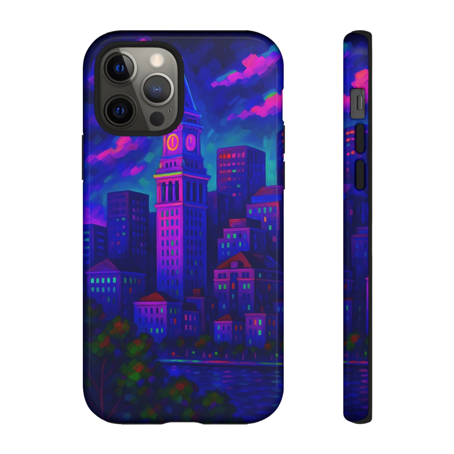 Boston Cityscape Tough Phone Case, Neon Night Skyline, Sunset Tower View Watercolor Urban Art, Compatible with iPhone, Galaxy, Google Phones