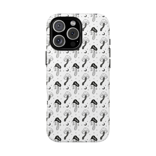 Mushroom Phone Case, Celestial Fairycore Cottagecore Black White Toadstool Design, compatible with iPhone, Galaxy, Google Pixel, Witchy Gift