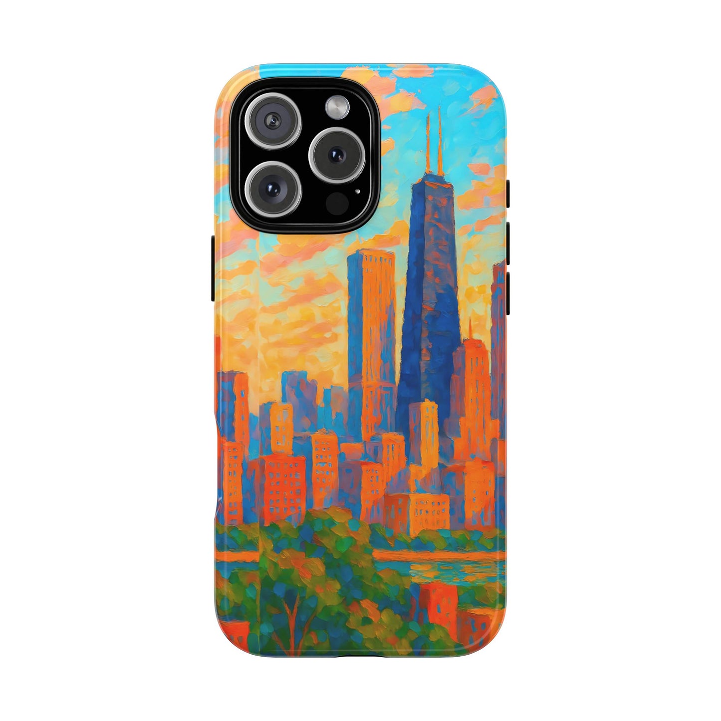 Cityscape Tough Phone Case, Chicago Skyline Phone Cover, Sunset Glow Design Compatible with iPhone, Galaxy & Google