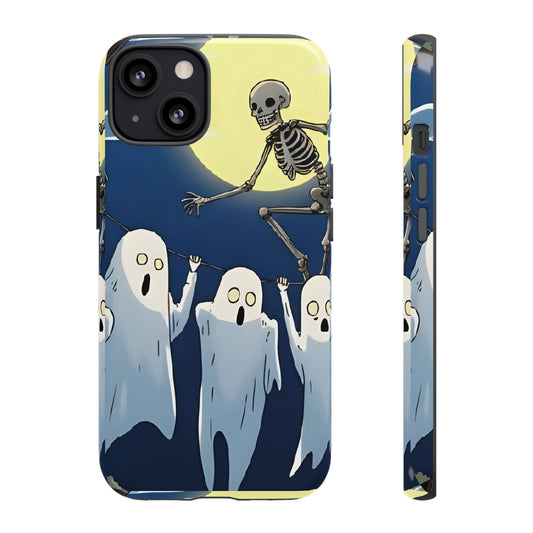Jumping Skeleton Tough Phone Case - Halloween Aesthetic, Creepy Cute Ghost Cartoon Style, Compatible with iPhone, Galaxy, and Google Phones