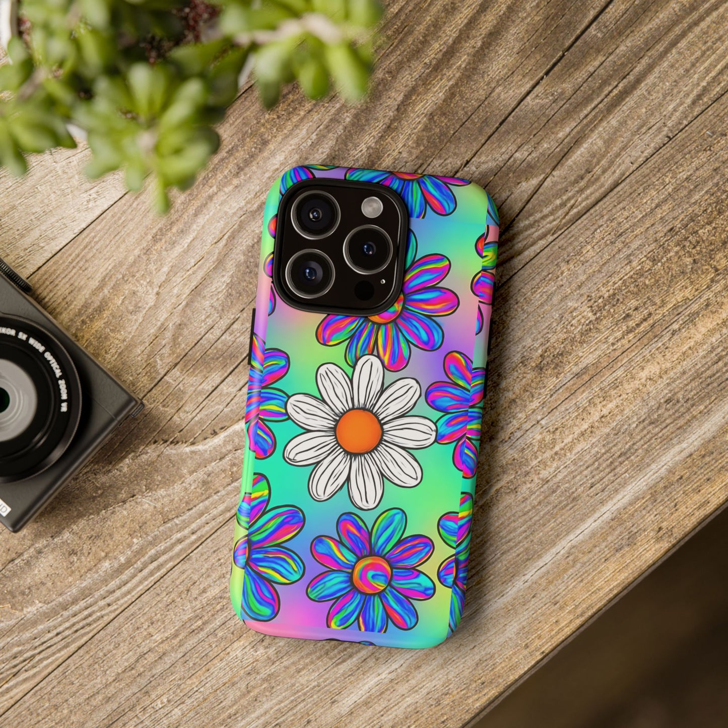 Trippy Daisy Tough Phone Case - Psychedelic Floral Design, Colorful Retro Aesthetic, Compatible with iPhone, Galaxy, and Google Phones