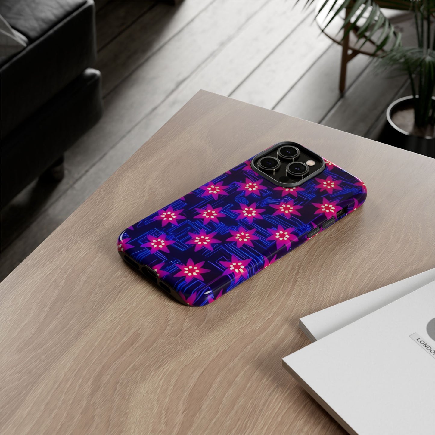 Neon Flower Tough Phone Case - Trippy Dark Floral Art, Electric Glow Aesthetic, Compatible with iPhone, Galaxy, and Google Phones