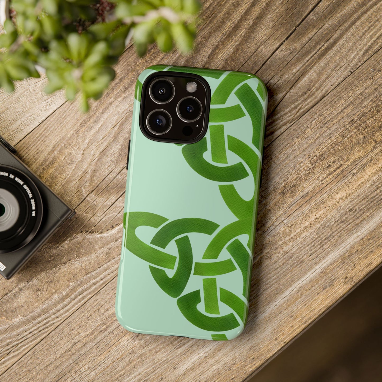 Tough Case Celtic Knot Light Green Pattern Phone Cover Compatible with iPhone 17, 16, 15, 14, 13, Galaxy, Google, Irish Heritage Design