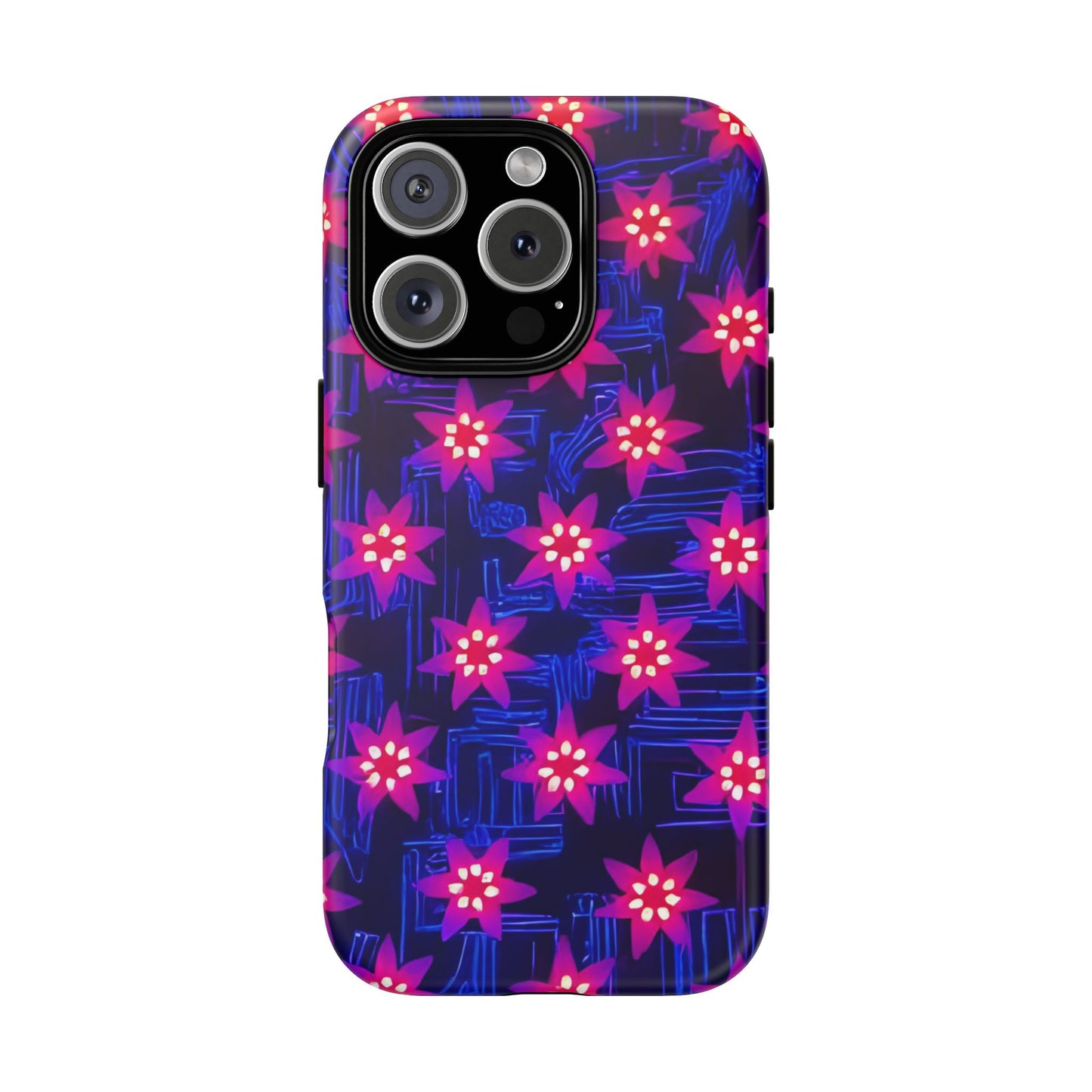 Neon Flower Tough Phone Case - Trippy Dark Floral Art, Electric Glow Aesthetic, Compatible with iPhone, Galaxy, and Google Phones