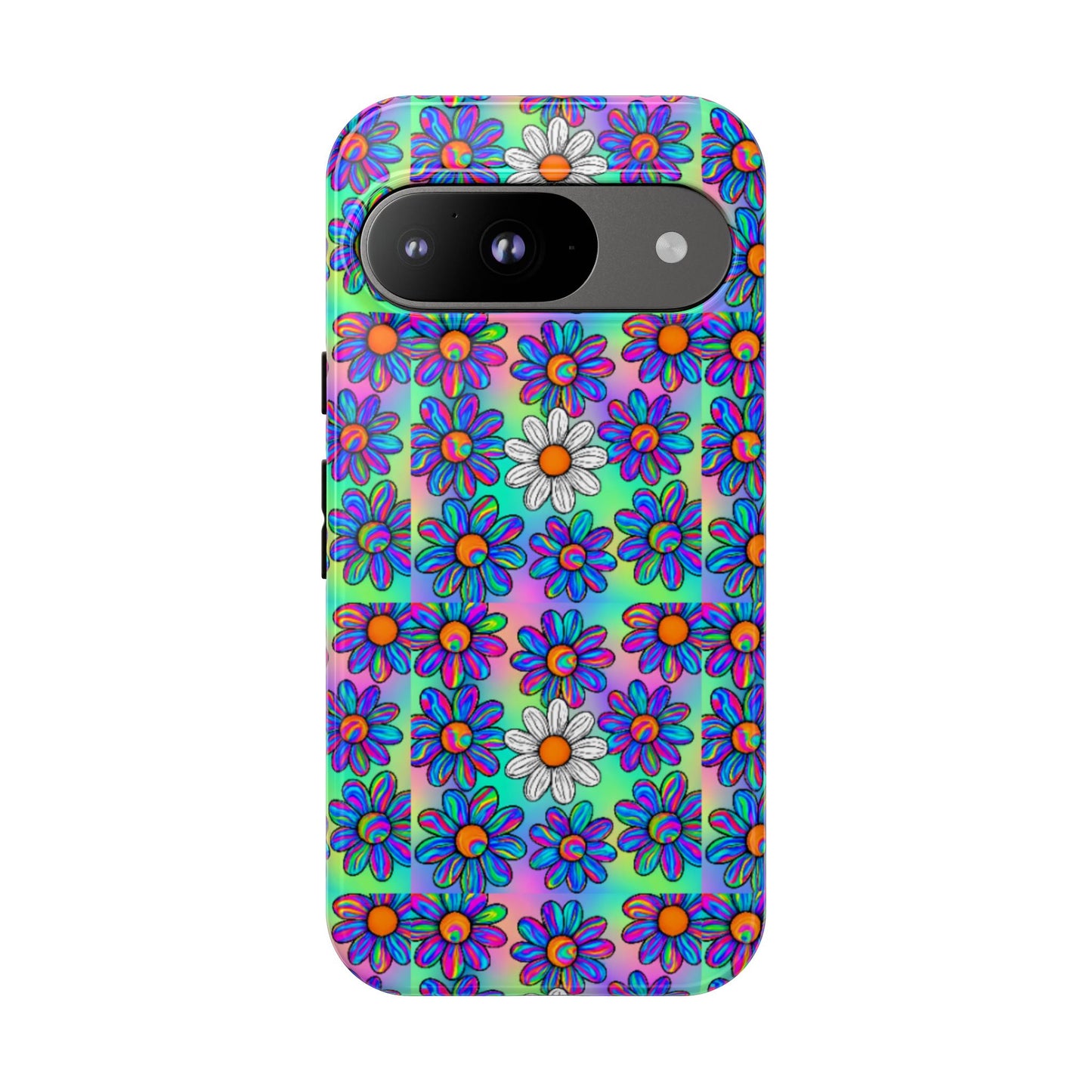 Trippy Daisy Tough Phone Case - Psychedelic Floral Aesthetic, Colorful Groovy Design, Compatible with iPhone, Galaxy, and Google Phones