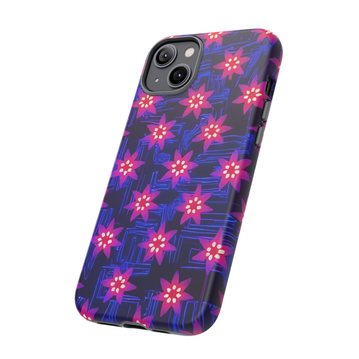 Neon Flower Tough Phone Case - Trippy Dark Floral Art, Electric Glow Aesthetic, Compatible with iPhone, Galaxy, and Google Phones