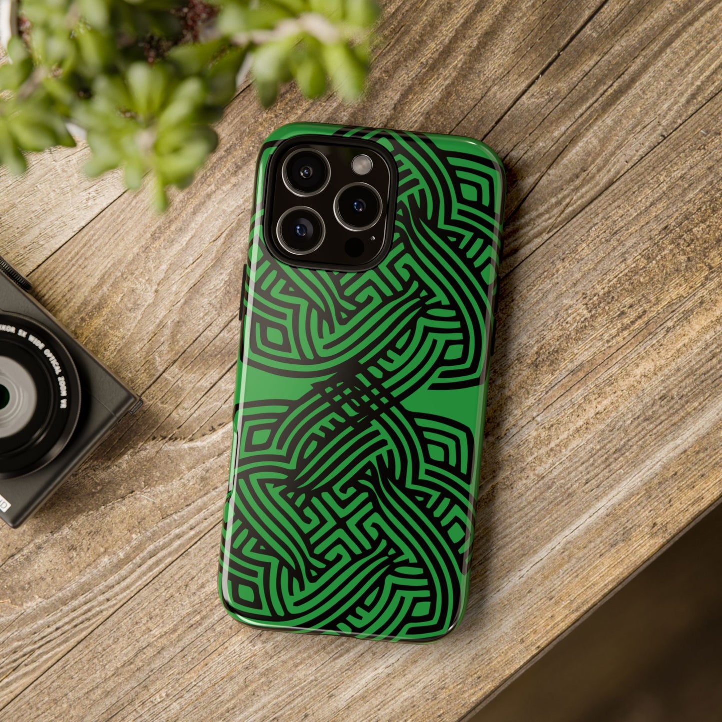 Tough Case Celtic Knot Green and Black Pattern Phone Cover Compatible with iPhone 17, 16, 15, 14, 13, Galaxy, Google, Irish Heritage Design