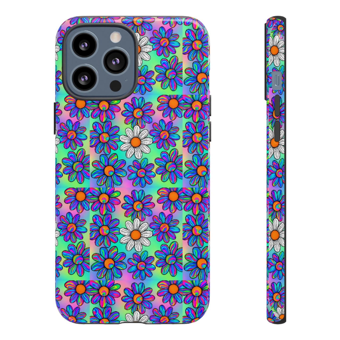 Trippy Daisy Tough Phone Case - Psychedelic Floral Aesthetic, Colorful Groovy Design, Compatible with iPhone, Galaxy, and Google Phones