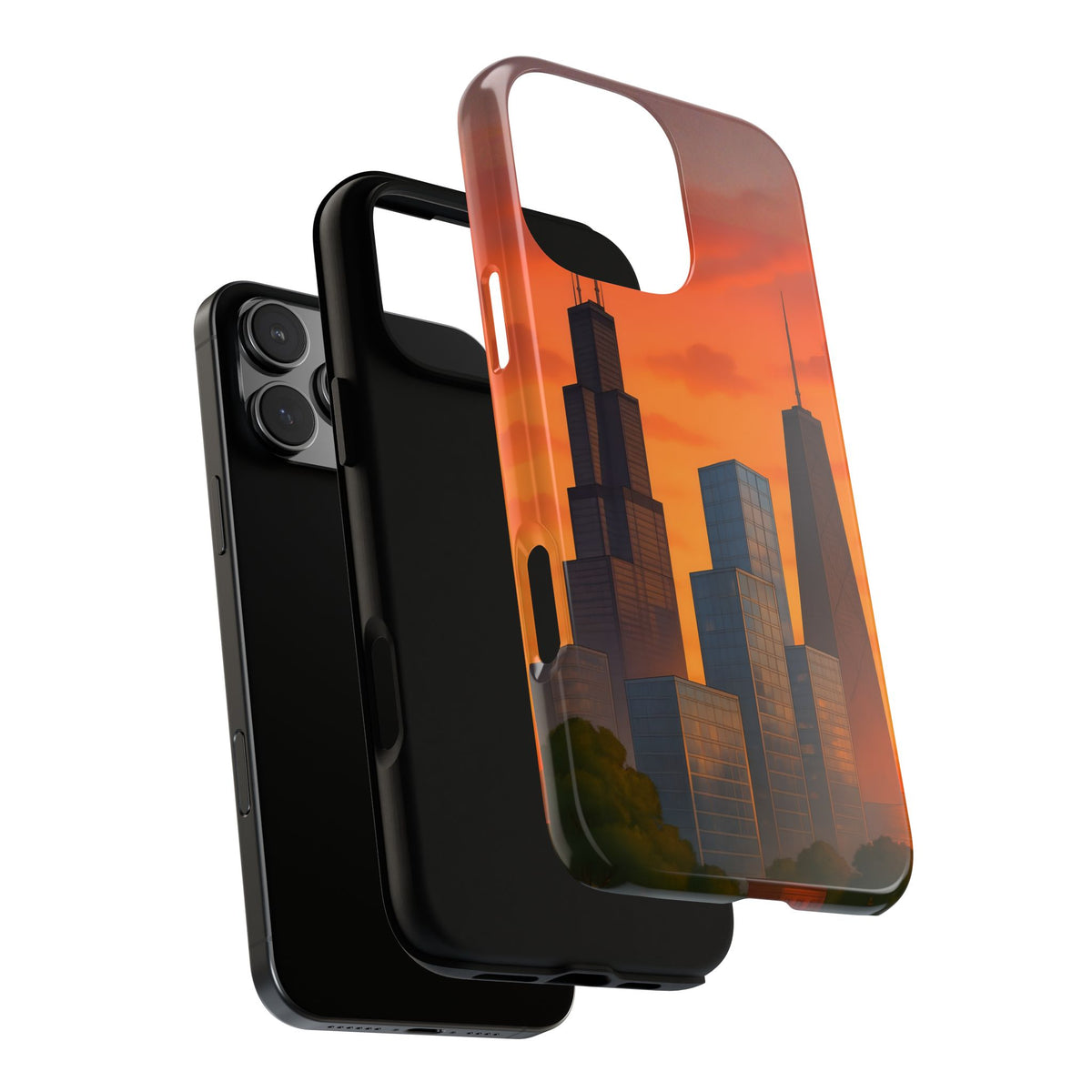 Cityscape Tough Phone Case, Chicago Skyline Phone Cover, Watercolor Design Compatible with iPhone, Galaxy & Google