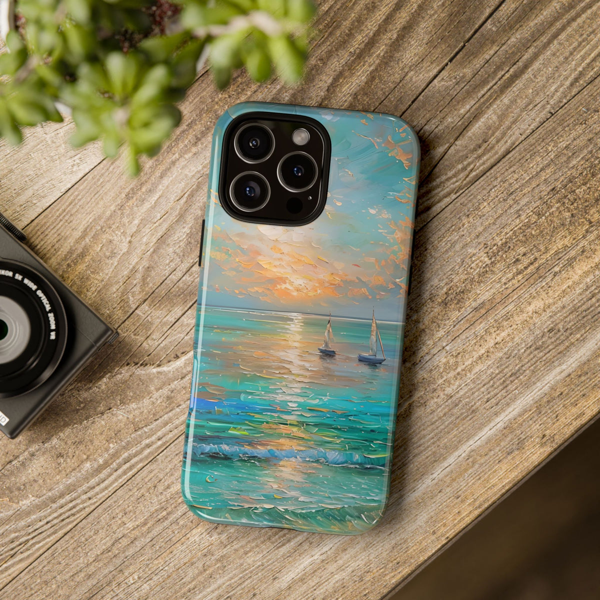 Sailboat Ocean Scenery Tough Phone Case, Oil Painting Phone Cover, Sunset Sailing Compatible with iPhone 17, 16, 15, 14, 13, Galaxy, Google