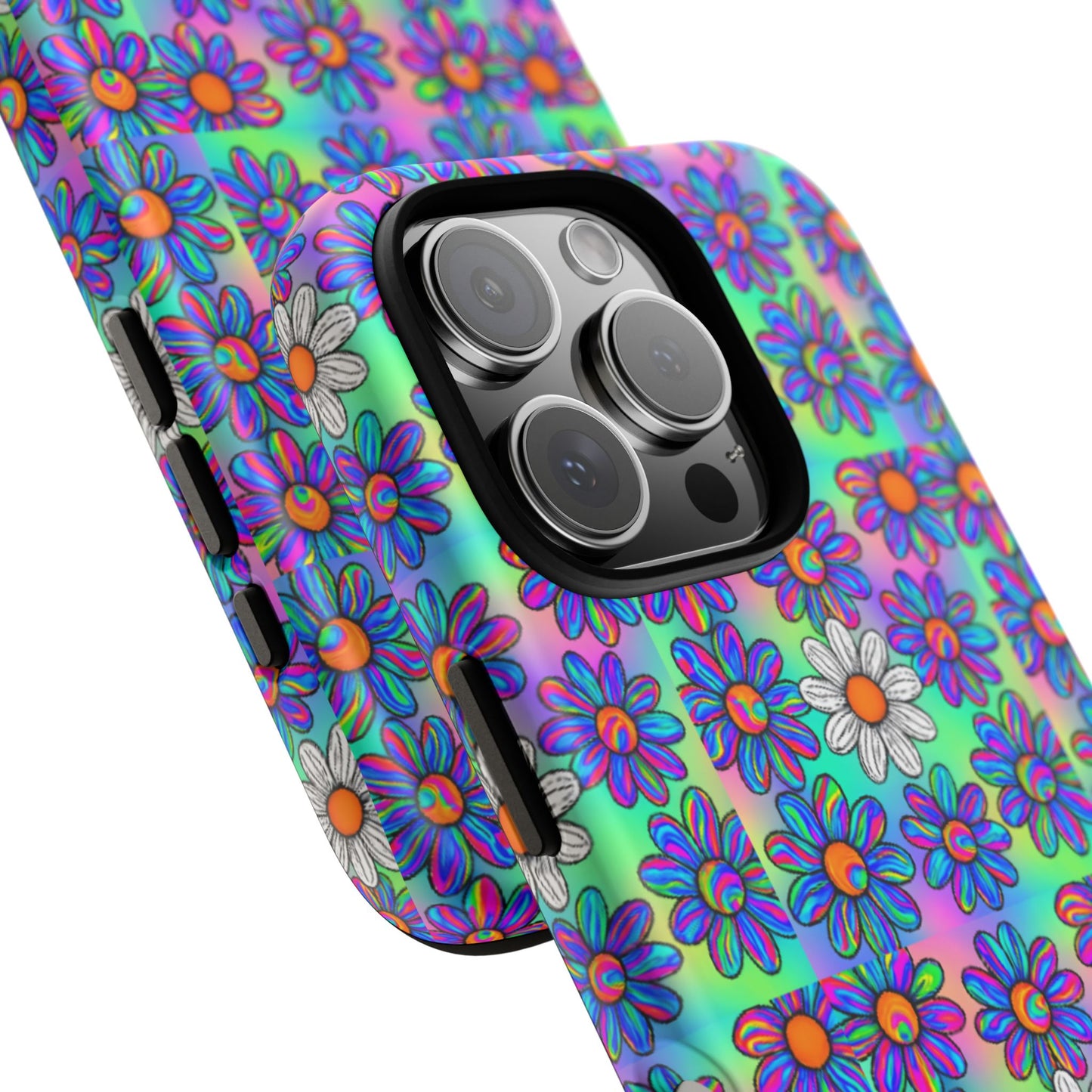 Trippy Daisy Tough Phone Case - Psychedelic Floral Aesthetic, Colorful Groovy Design, Compatible with iPhone, Galaxy, and Google Phones